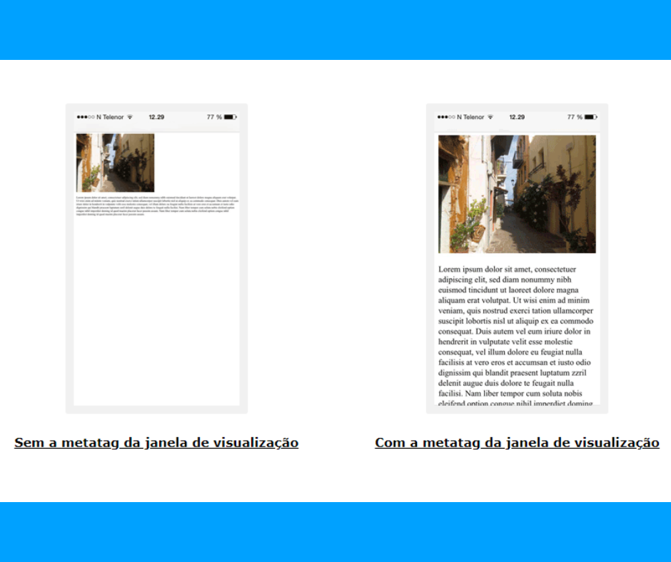 Comparativo sem e com metatag da viewport
